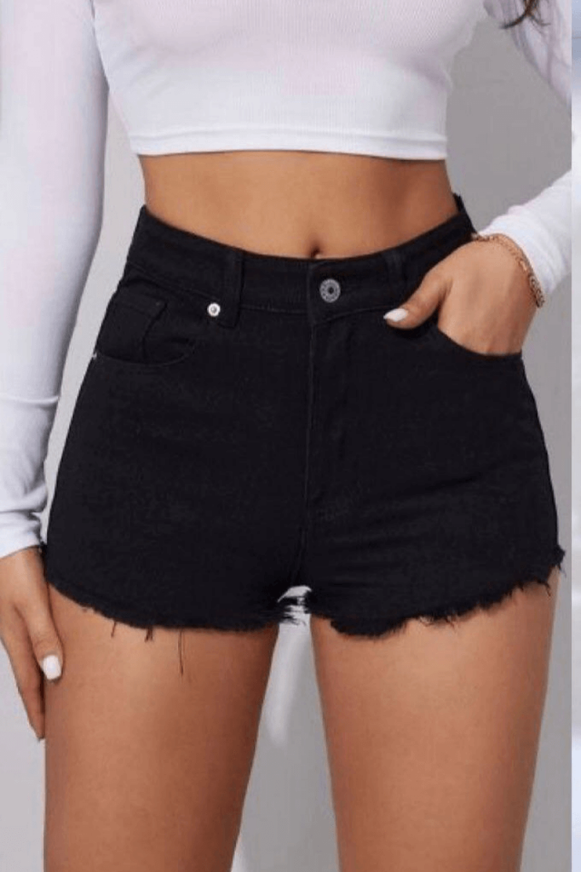 Short en jean taille haute à pompons pour femme
