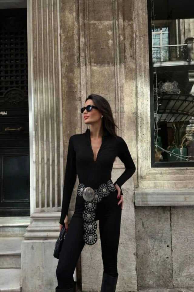 Kadın Fermuarlı Uzun Kollu Toparlayıcı Catsuit Tulum