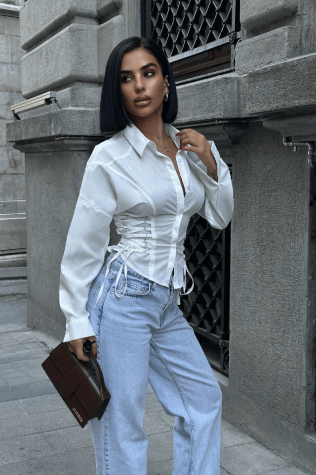 Kadın Korset ve Bağlama Detaylı Poplin Gömlek