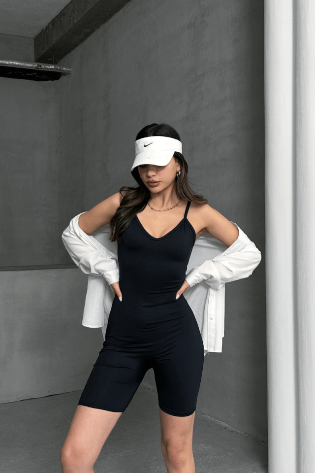 Women's Black Strappy Compression Stretchy Shorts Overalls