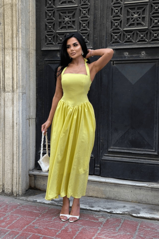 Kadın Boyundan Bağlı Sırtı Gipe Detaylı Astarlı Poplin Kumaş Maxi Elbise