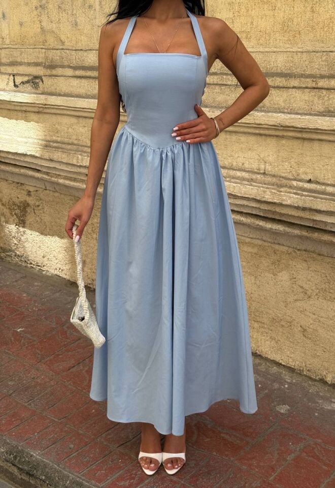 Kadın Boyundan Bağlı Sırtı Gipe Detaylı Astarlı Poplin Kumaş Maxi Elbise