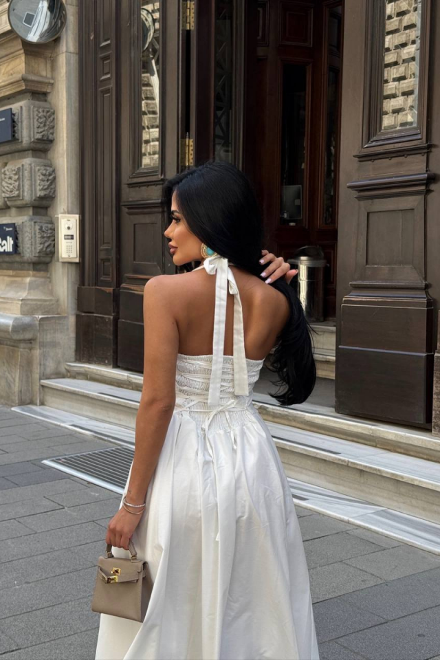 Women's Halter Neck Back Detail Lined Poplin Fabric Maxi Dress