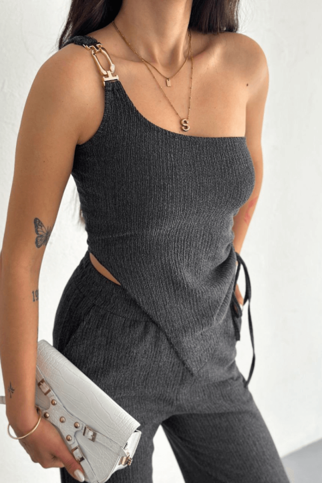 Women's Single Sleeve Side Gathered Blouse Asymmetrical Top and Bottom Set