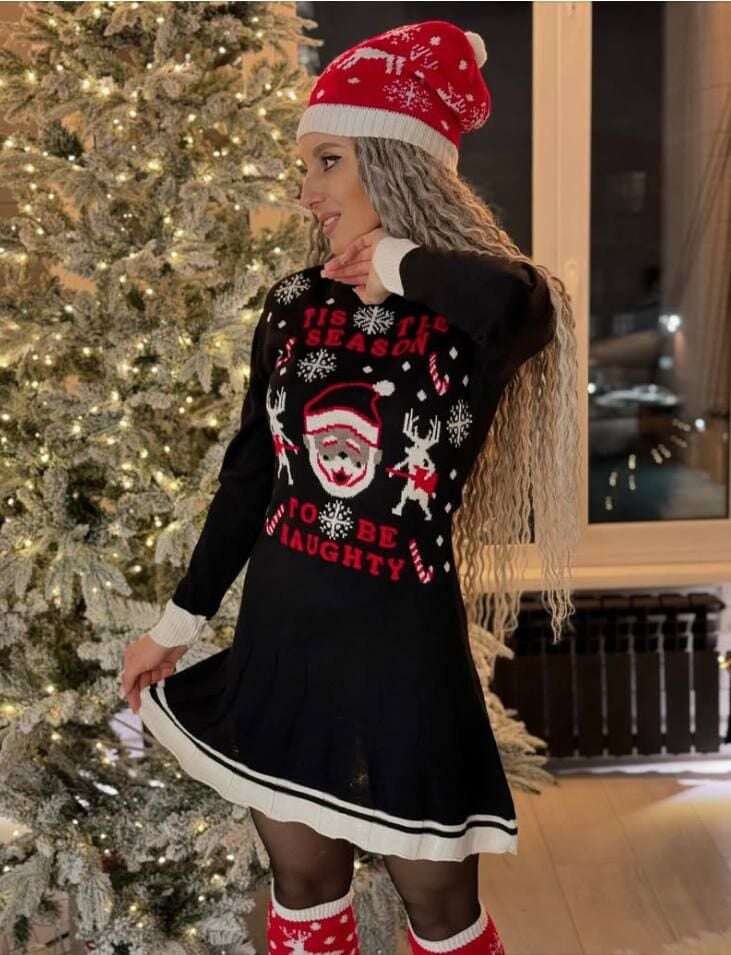 Kadın Siyah Kırmızı Yılbaşı Temalı Noel Baba Desenli Pileli Triko Elbise