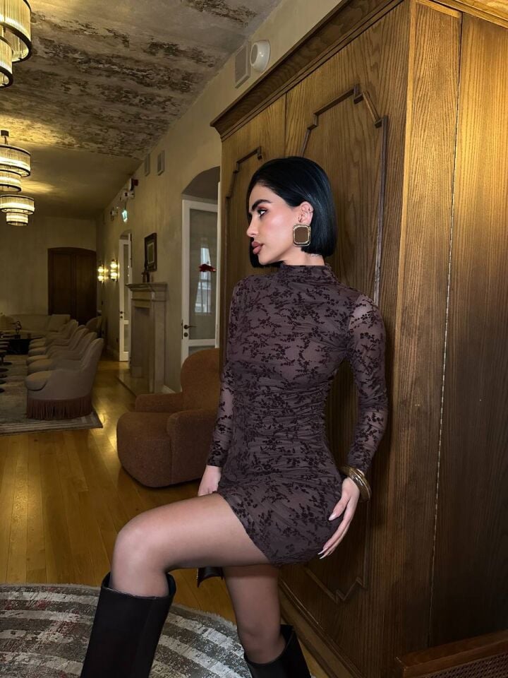 Kadın Transparan Çiçek Desenli Flok Baskılı Uzun Kollu Mini Elbise