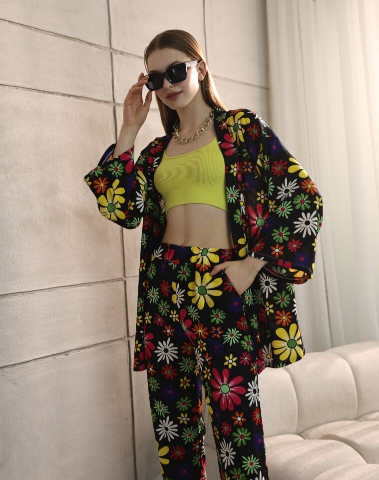 Kadın Çiçek Desenli Kimono Takımı