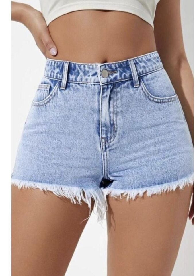 Kadın Yüksek Bel Püsküllü Denim Kot Şort Mavi