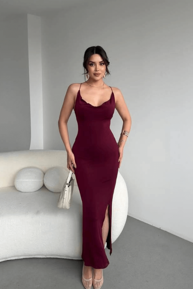 Robe dos nu fendue à bretelles pour femme