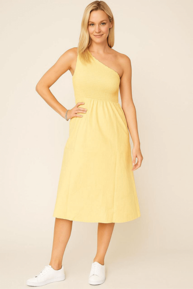 Kadın Belden Açılan Gipeli Tek Kollu Midi Elbise