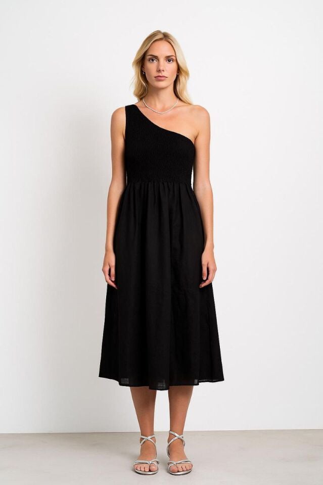 Kadın Belden Açılan Gipeli Tek Kollu Midi Elbise