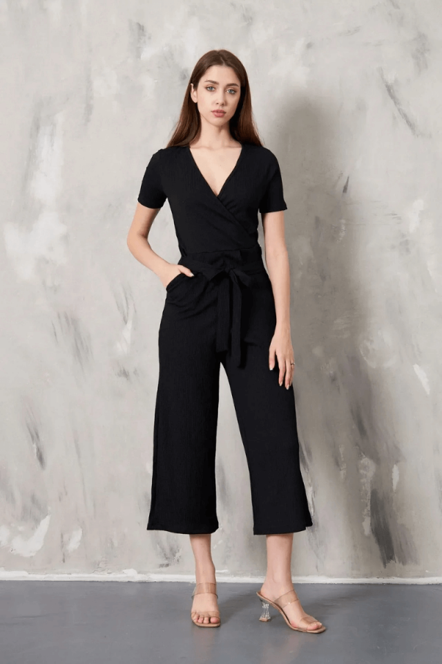 Kruvaze Yaka Kuşaklı Bürümcük Kumaş Tulum