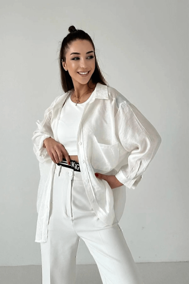 Kadın Yeni Sezon Tensel kumaş Düşük Omuz Oversize Standart Beden Gömlek