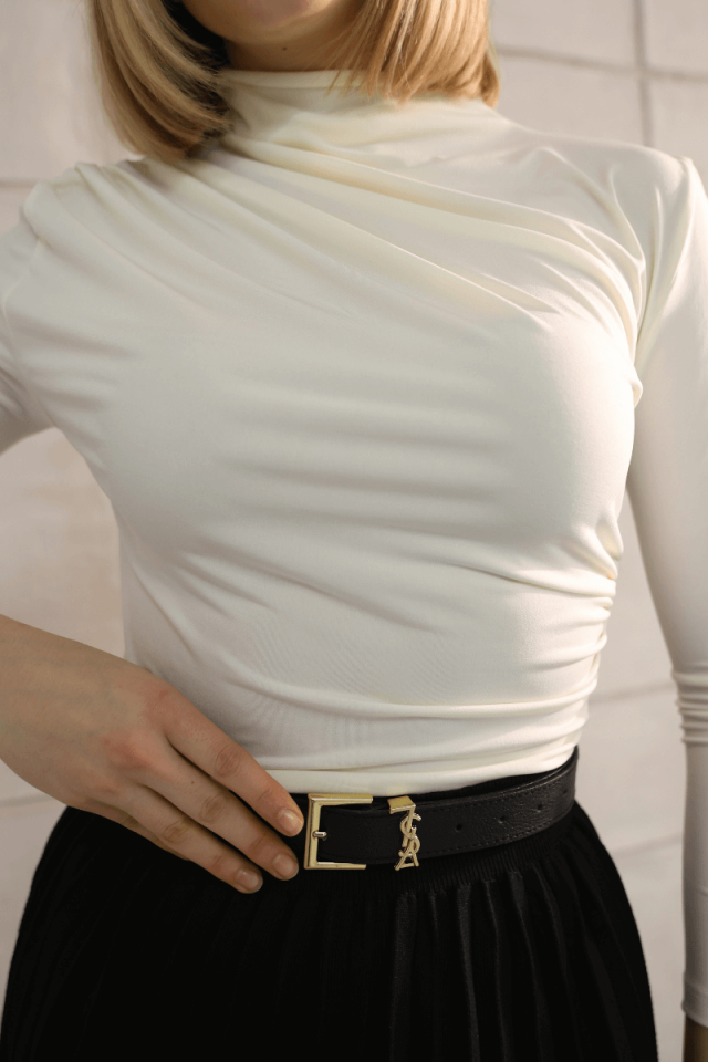 Kadın büzgü detaylı Dik yaka Sandy Bluz