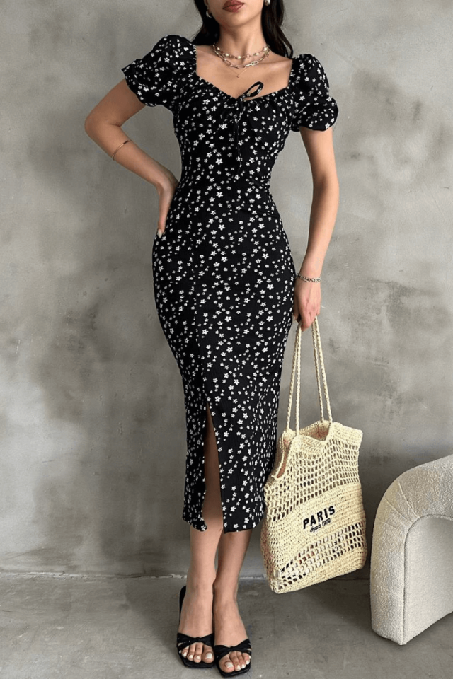 Kadın Yırtmaç Detaylı Karpuz Kol Çiçek Desenli Elbise