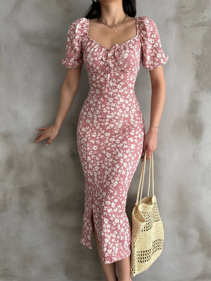 Kadın Yırtmaç Detaylı Karpuz Kol Çiçek Desenli Elbise