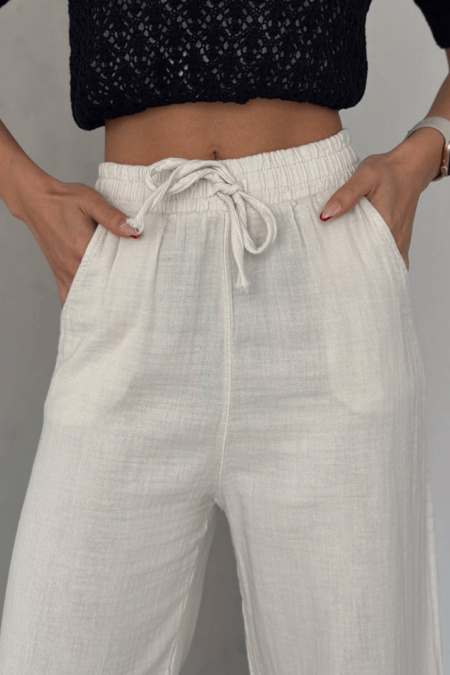 Damenhose aus Leinenmischung mit elastischer Taille und Taschendetails, lockerer Schnitt