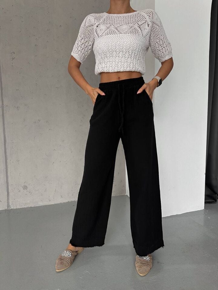 Kadın Keten Karışımlı Beli Lastikli Cep Detaylı Bol Kesim Pantolon