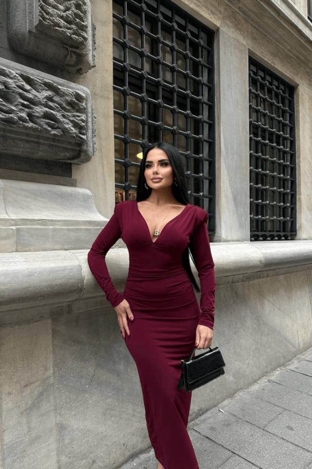 Kadın Ön Ve Arka V Vatkalı Sandy Elbise