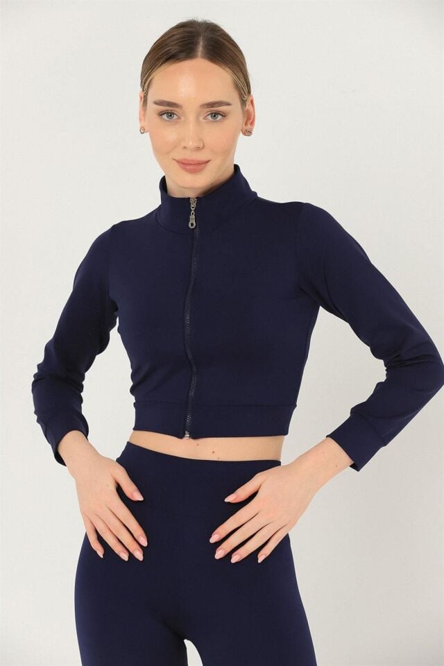 Kadın Parmak Detaylı Fermuarlı Scuba Crop-Bluz