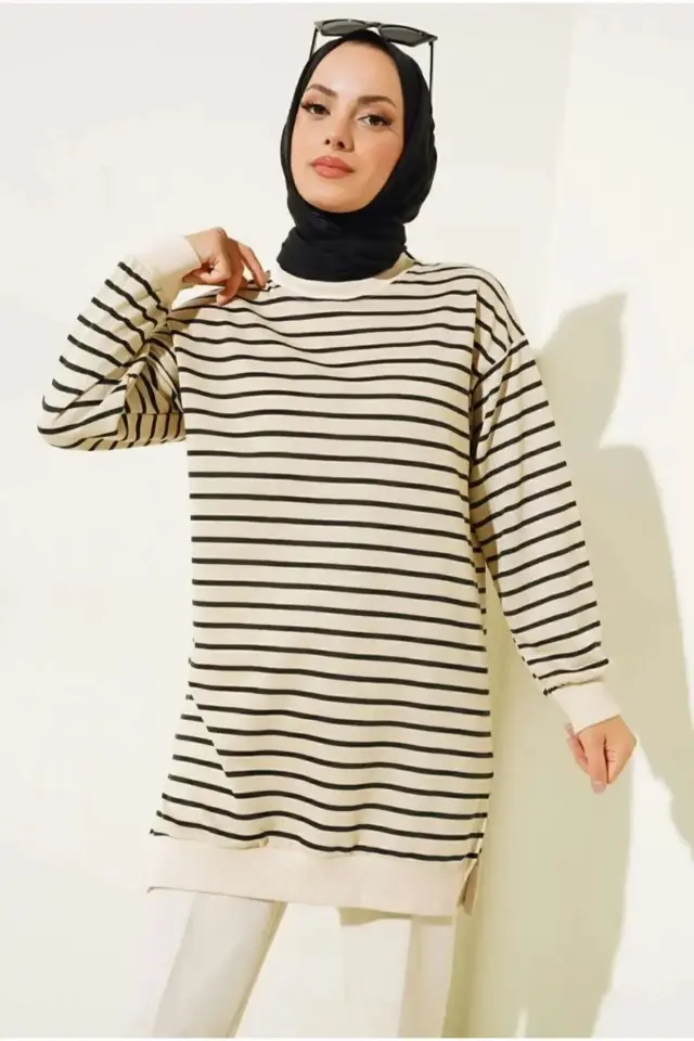 WOMEN'S DOUBLE-WOVEN HIJAB TUNIC STRIPED SWEATSHIRT