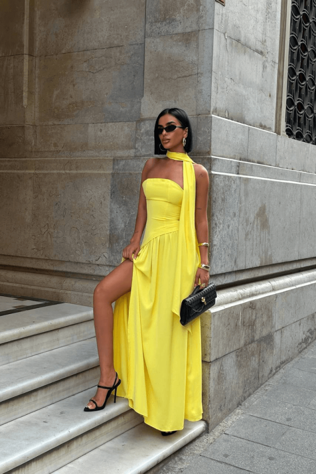 Kadın Dubai Kumaş Şallı Straplez Maxi Boy Elbise