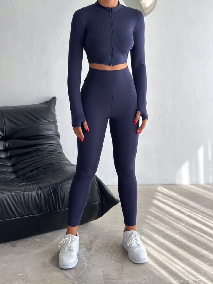 Kadın Fitilli Yüksek Bel toparlayıcı Fermuarlı Dalgıç Sporcu İkili Takım