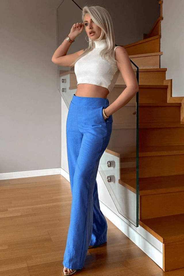 Leinenhose mit weitem Bein und Gürtel für Damen